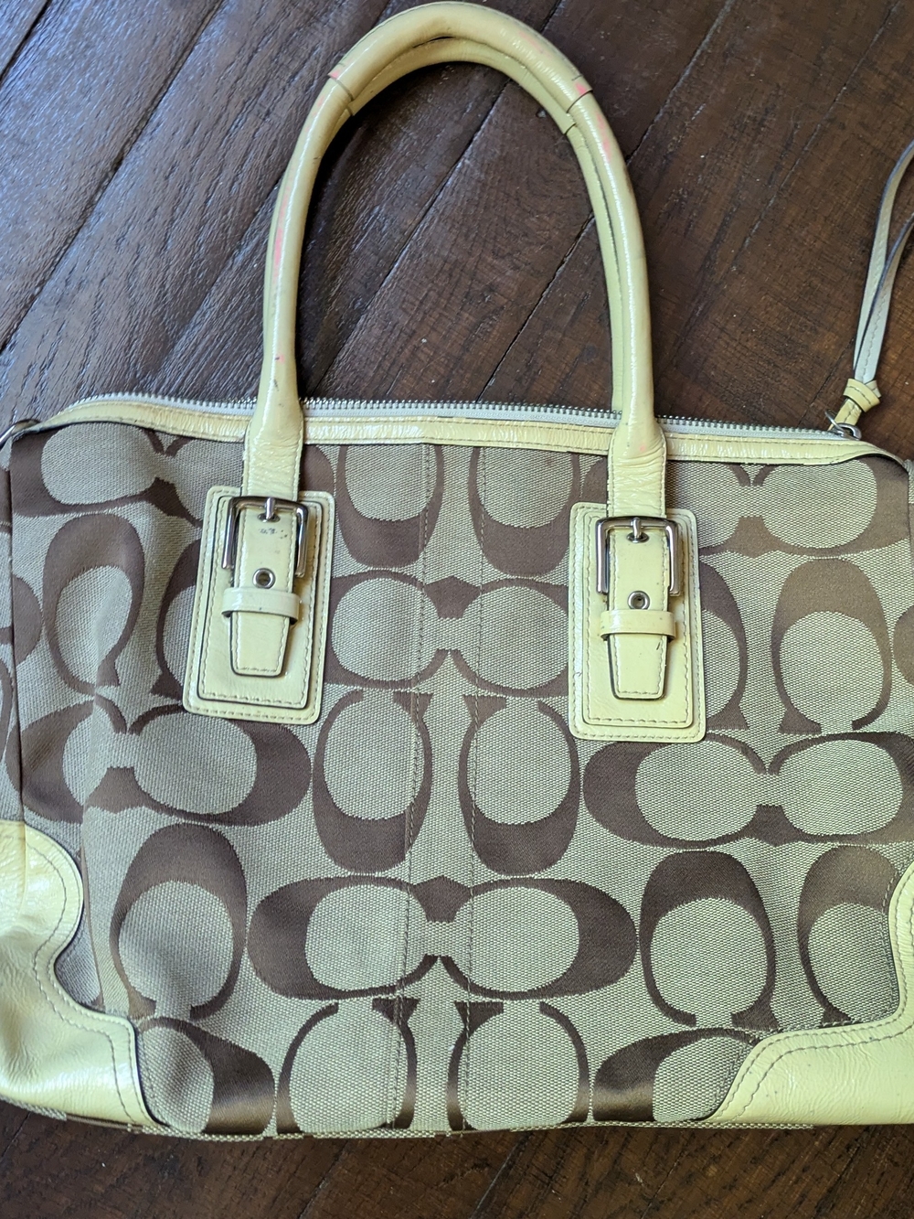 Coach Canvas Tote in Brown and Cream Leather Trim